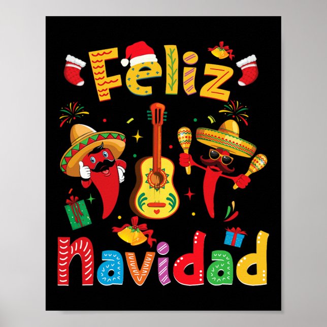 Feliz Navidad Mexican Fiesta Hot Pepper Guitar Xma Poster (Vorne)