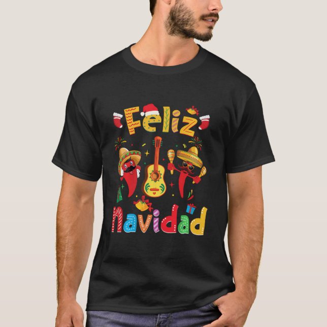 Feliz Navidad Mexican Fiesta Hot Pepper Guitar Xma T-Shirt (Vorderseite)