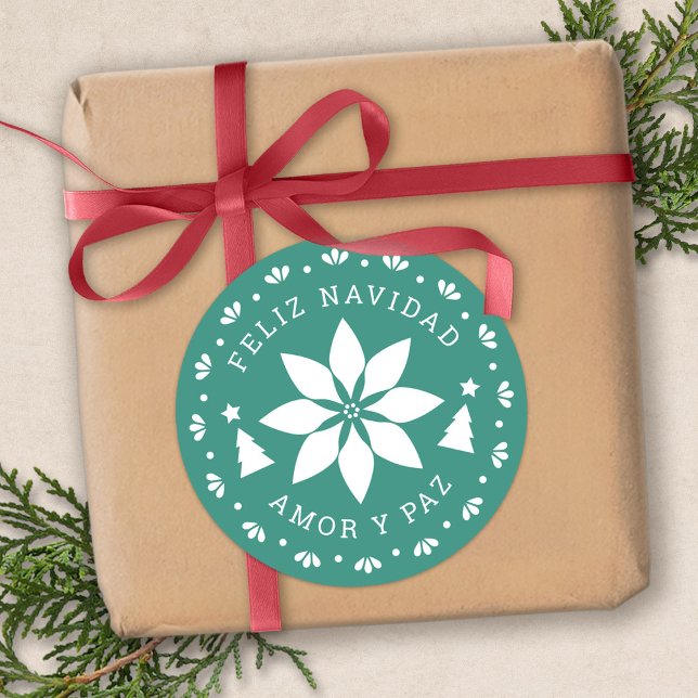Feliz Navidad Poinsettia Weihnachtssticker Runder Aufkleber (Feliz Navidad Poinsettia Christmas Sticker by Fiesta Valley Print)