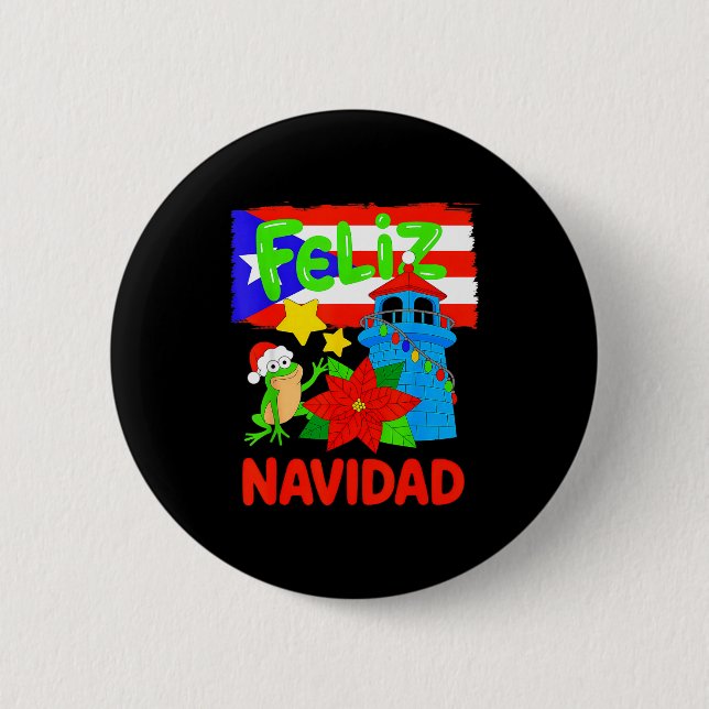Feliz Navidad Puerto Rico Flag Floral Frog Boricua Button (Vorderseite)