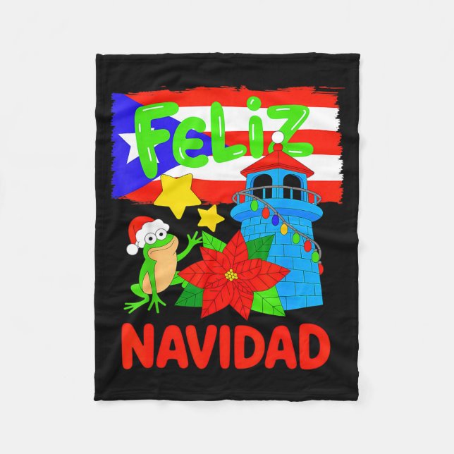 Feliz Navidad Puerto Rico Flag Floral Frog Boricua Fleecedecke (Vorderseite)