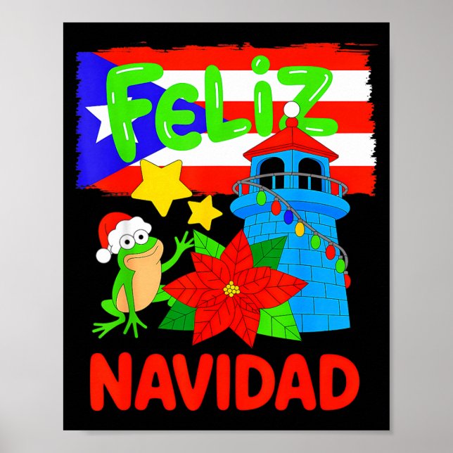 Feliz Navidad Puerto Rico Flag Floral Frog Boricua Poster (Vorne)