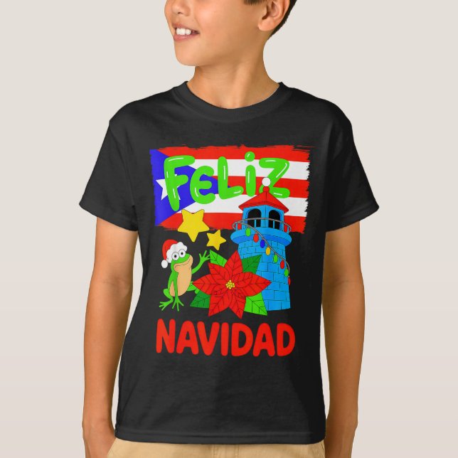 Feliz Navidad Puerto Rico Flag Floral Frog Boricua T-Shirt (Vorderseite)