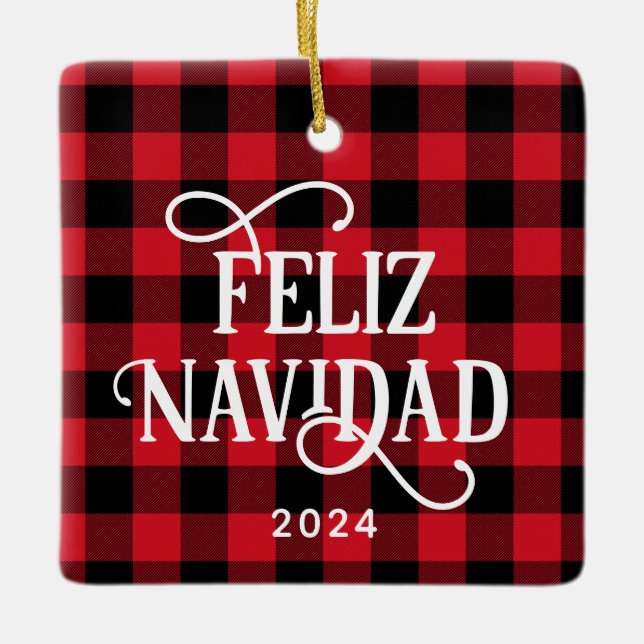 Feliz Navidad Red Buffalo Kariertes Foto Keramikornament (Vorderseite)