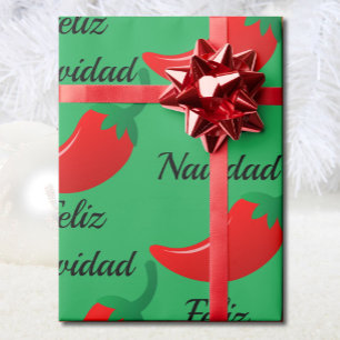 Feliz Navidad Red Chili & Green Christmas Gift Geschenkpapier