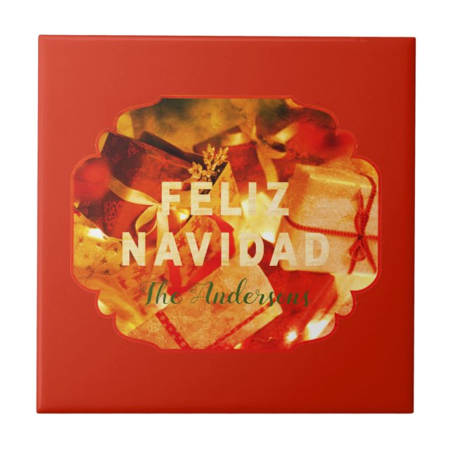 Feliz Navidad Red Gold Green Familienname Elegant Fliese (Vorderseite)
