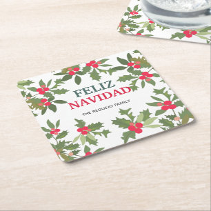 Feliz Navidad Red Holly Berries Weihnachten Rechteckiger Pappuntersetzer