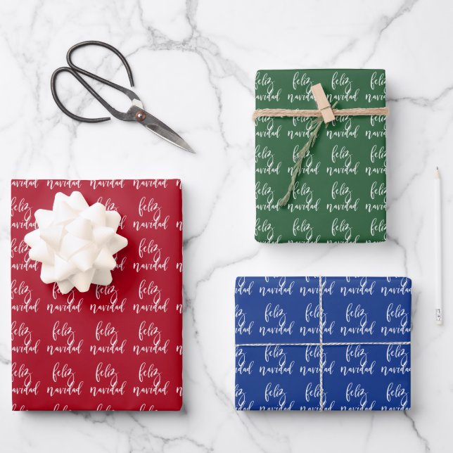 Feliz Navidad Red und White Christmas Geschenkpapier Set (Vorderseite)