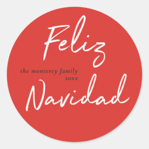 Feliz Navidad Red White Holiday Round Sticker