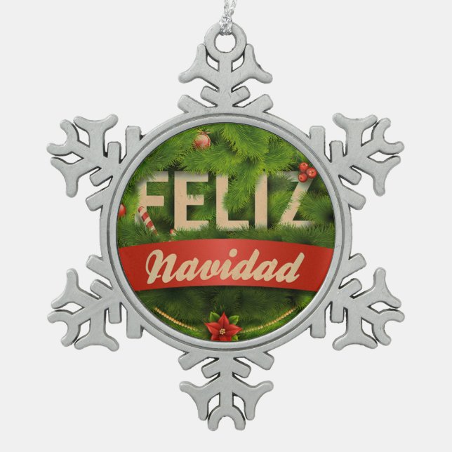 Feliz Navidad Schneeflocken Zinn-Ornament (Vorderseite)