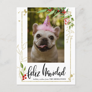 Feliz Navidad Script Foto Gold Berry Holly Feiertagspostkarte