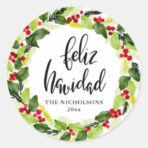 Feliz Navidad Script Red Berry Holiday Wreath Runder Aufkleber