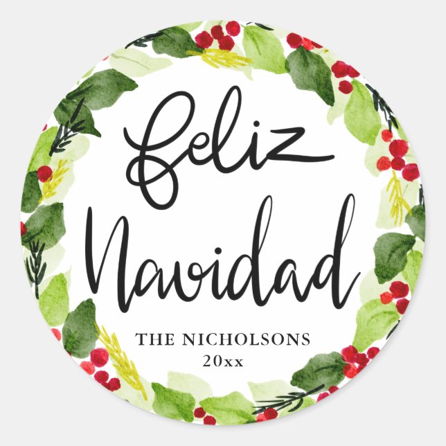 Feliz Navidad Script Red Berry Holly Wreath Runder Aufkleber (Vorderseite)