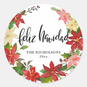 Feliz Navidad Script Red Poinsettia Floral Wreath Runder Aufkleber