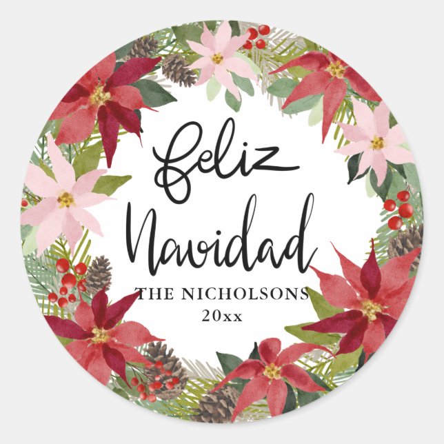 Feliz Navidad Script Red Poinsettia Wreath Classic Runder Aufkleber (Vorderseite)