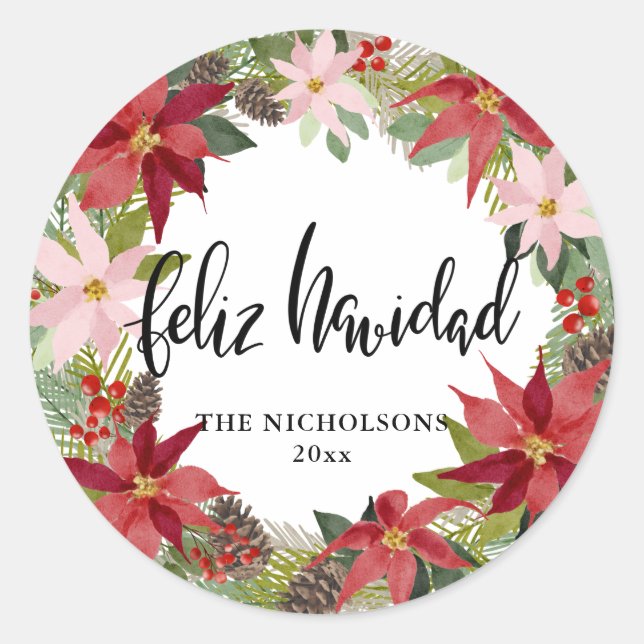 Feliz Navidad Script Red Poinsettia Wreath Runder Aufkleber (Vorderseite)