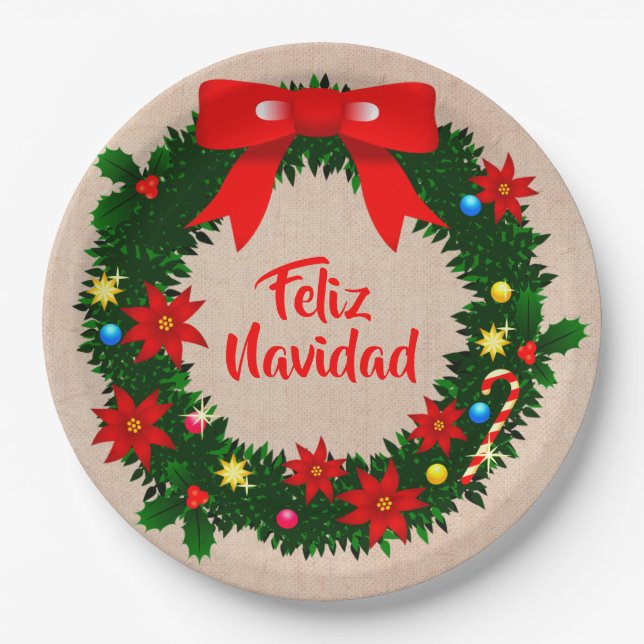 Feliz Navidad Set Frohe Weihnachtswraath Bow 9" Pappteller (Vorderseite)
