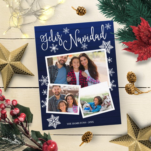 Feliz Navidad Snowflake Rustikale 3 Fotos Weihnach Postkarte (Von Creator hochgeladen)