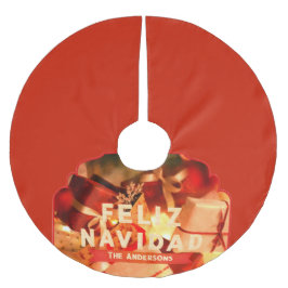 Feliz Navidad Spanish Red Gold Familienname Vintag Polyester Weihnachtsbaumdecke