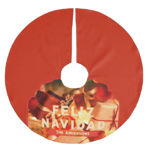 Feliz Navidad Spanish Red Gold Familienname Vintag Polyester Weihnachtsbaumdecke
