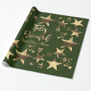 Feliz Navidad Stars Green Gold Script Geschenkpapier
