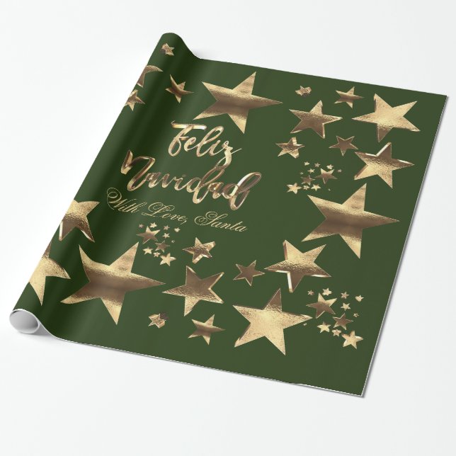 Feliz Navidad Stars Green Gold Script Geschenkpapier (Ungerollt)