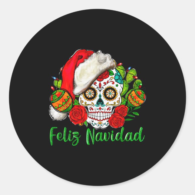 Feliz Navidad Sugar Skull Mexican Christmas  Runder Aufkleber (Vorderseite)