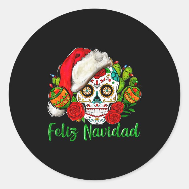 Feliz Navidad Sugar Skull Mexican Christmas  Runder Aufkleber (Vorderseite)