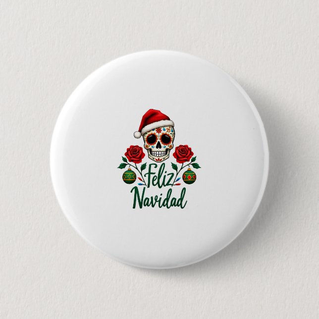 Feliz Navidad Sugar Skull Mexican Christmas T-Shir Button (Vorderseite)