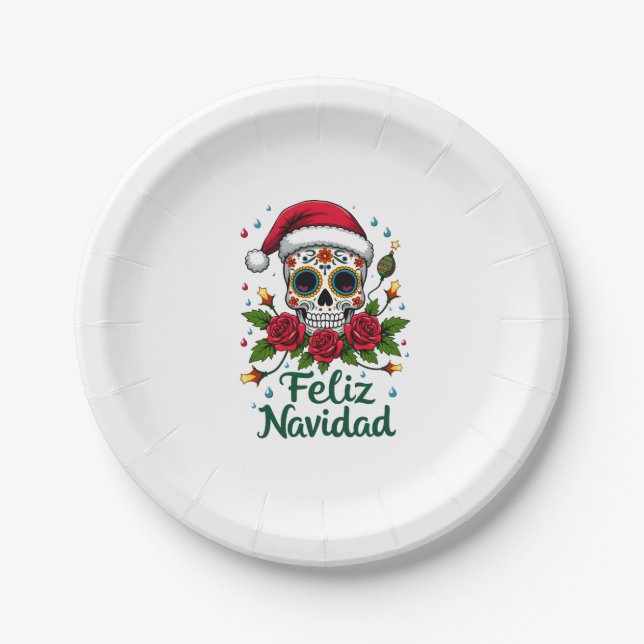 Feliz Navidad Sugar Skull Mexican Christmas T-Shir Pappteller (Vorderseite)