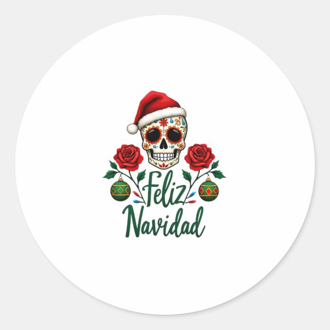 Feliz Navidad Sugar Skull Mexican Christmas T-Shir Runder Aufkleber (Vorderseite)