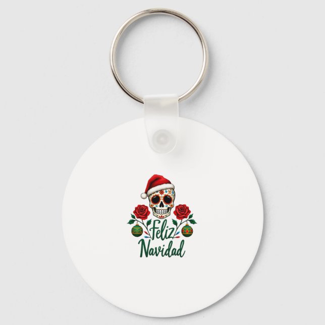 Feliz Navidad Sugar Skull Mexican Christmas T-Shir Schlüsselanhänger (Vorderseite)