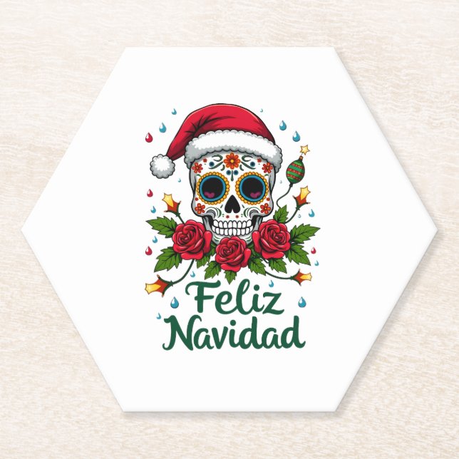 Feliz Navidad Sugar Skull Mexican Christmas T-Shir Untersetzer (Vorderseite)