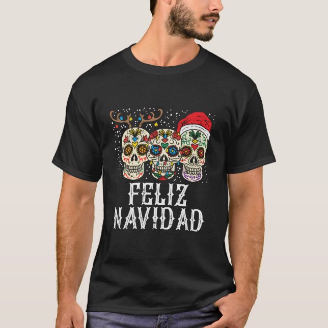 Feliz Navidad Sugar Skulls Reindeer Santa Fun T-Shirt (Vorderseite)