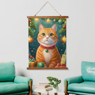 Feliz navidad te desea mi gato naranja wandteppich mit holzrahmen
