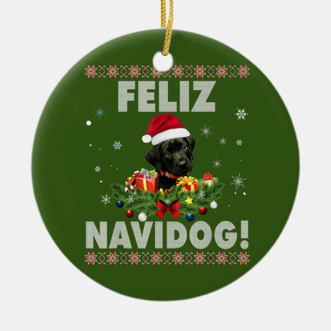 Feliz Navidog Black Labrador Hund Ugly Sweater Keramik Ornament (Vorne)