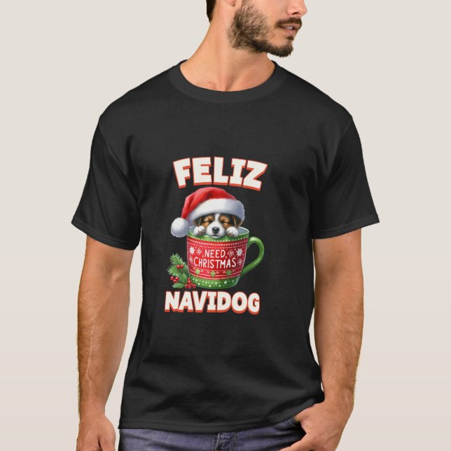 Feliz Navidog Niedlicher Weihnachtshund Hot Chocol T-Shirt (Vorderseite)