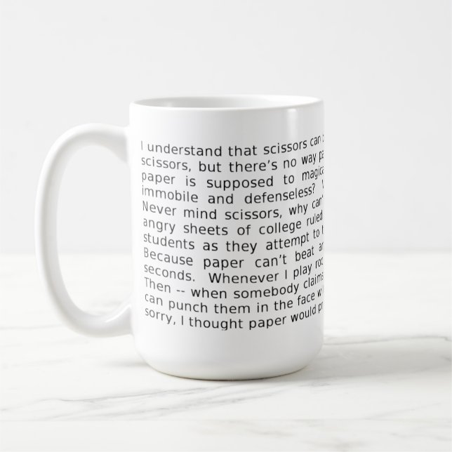 Felsen-Papierschere-Debatte FunnyMug Kaffeetasse (Links)