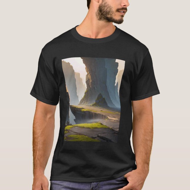 Felsige Gegend Klippe Moos Nebel Schatten Tal T-Shirt (Vorderseite)