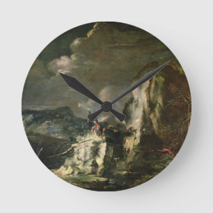 Felsige Landschaft mit einem Jäger und Kriegern Runde Wanduhr