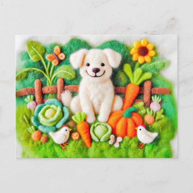 Felt Art Dogs Entspannen in einem farbenfrohen Gar Postkarte (Vorderseite)