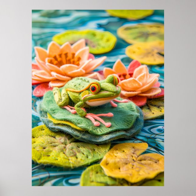 Felt grüner Frosch auf Lily Pads in Pond Poster (Vorne)