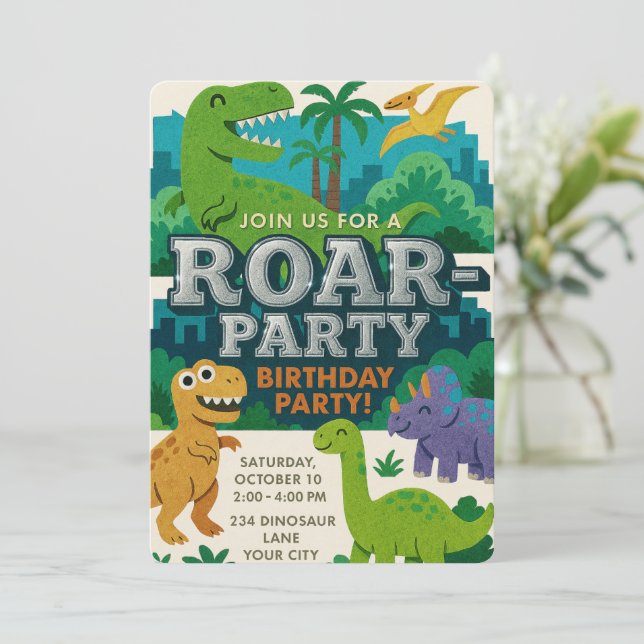 Felt Texture Jurassic Playground Dinosaur Geburtst Einladung (Stehend Vorderseite)