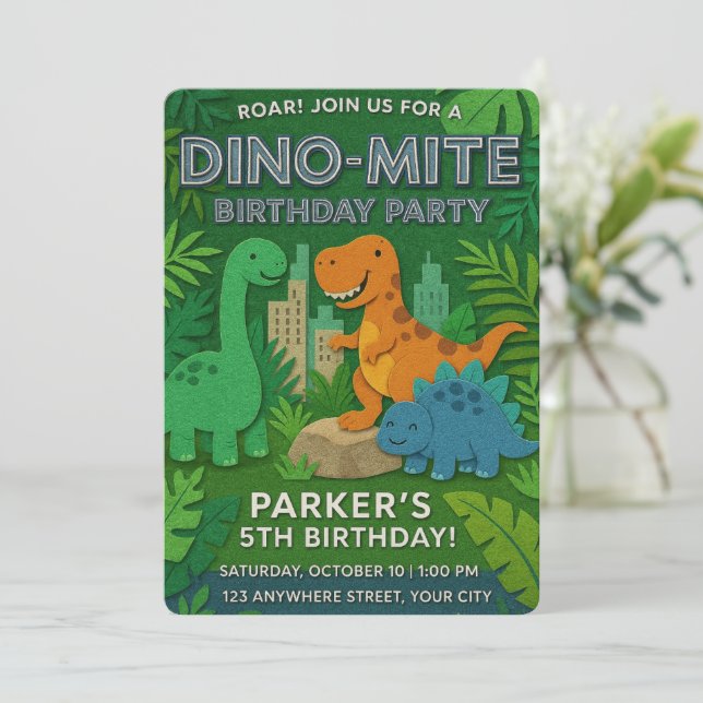 Felt Texture Jurassic Playground Dinosaur Geburtst Einladung (Stehend Vorderseite)