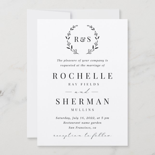 Felt White Premium Rustic Leaf Monogram Wedding Einladung (Vorderseite)