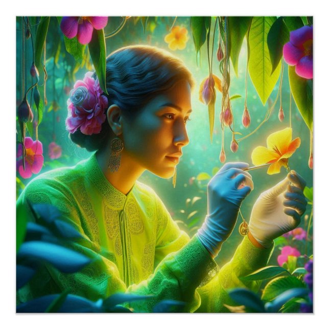 Female Botanist Doing Her Work in a Garden on Wall Poster (Vorderseite)
