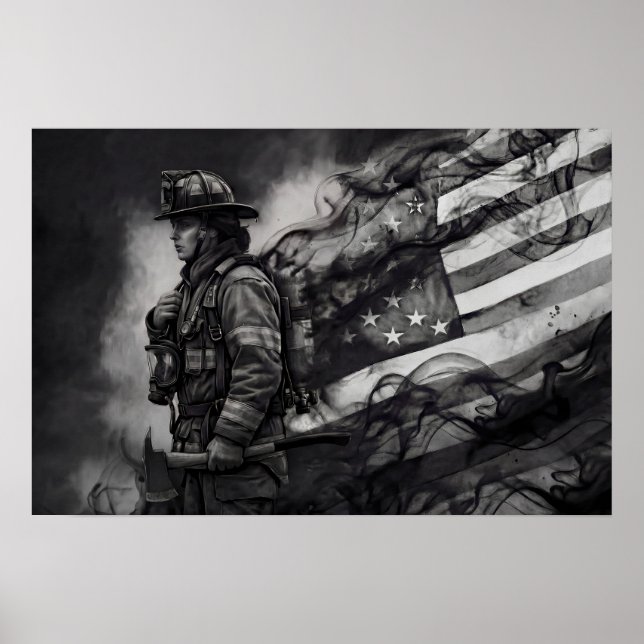 Female Firefighter Smoke American Flag Tribute Poster (Vorne)