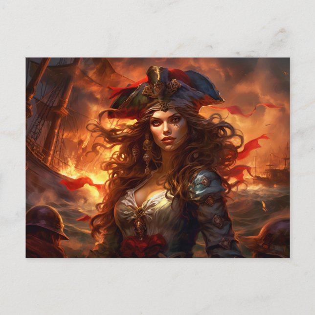 Female Pirate Before Burning Ship Fantasy Painting Postkarte (Vorderseite)