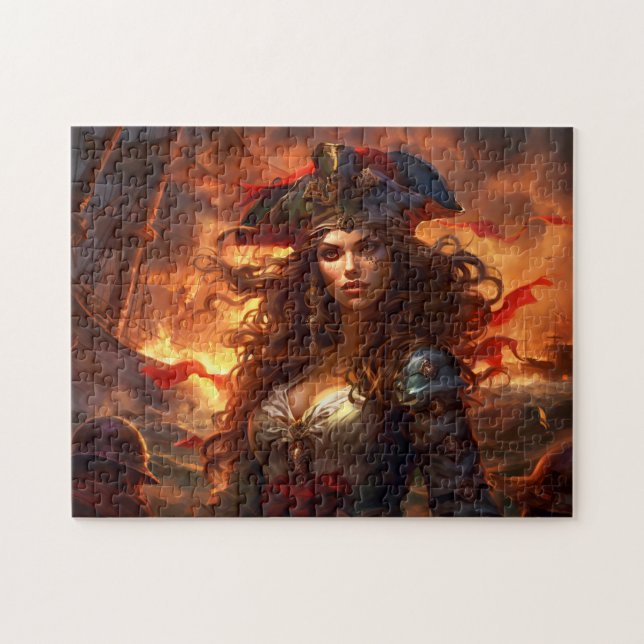 Female Pirate Before Burning Ship Fantasy Painting Puzzle (Horizontal)