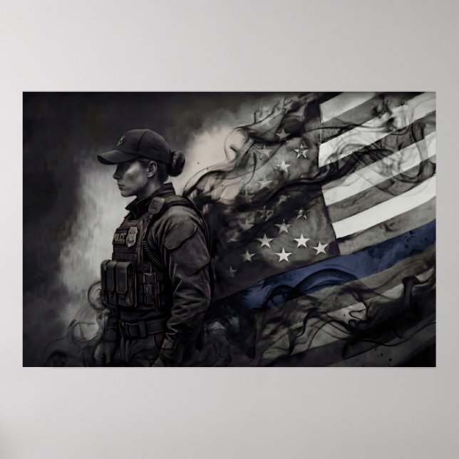 Female Police Tribute Blue Line American Flag LEO Poster (Vorne)